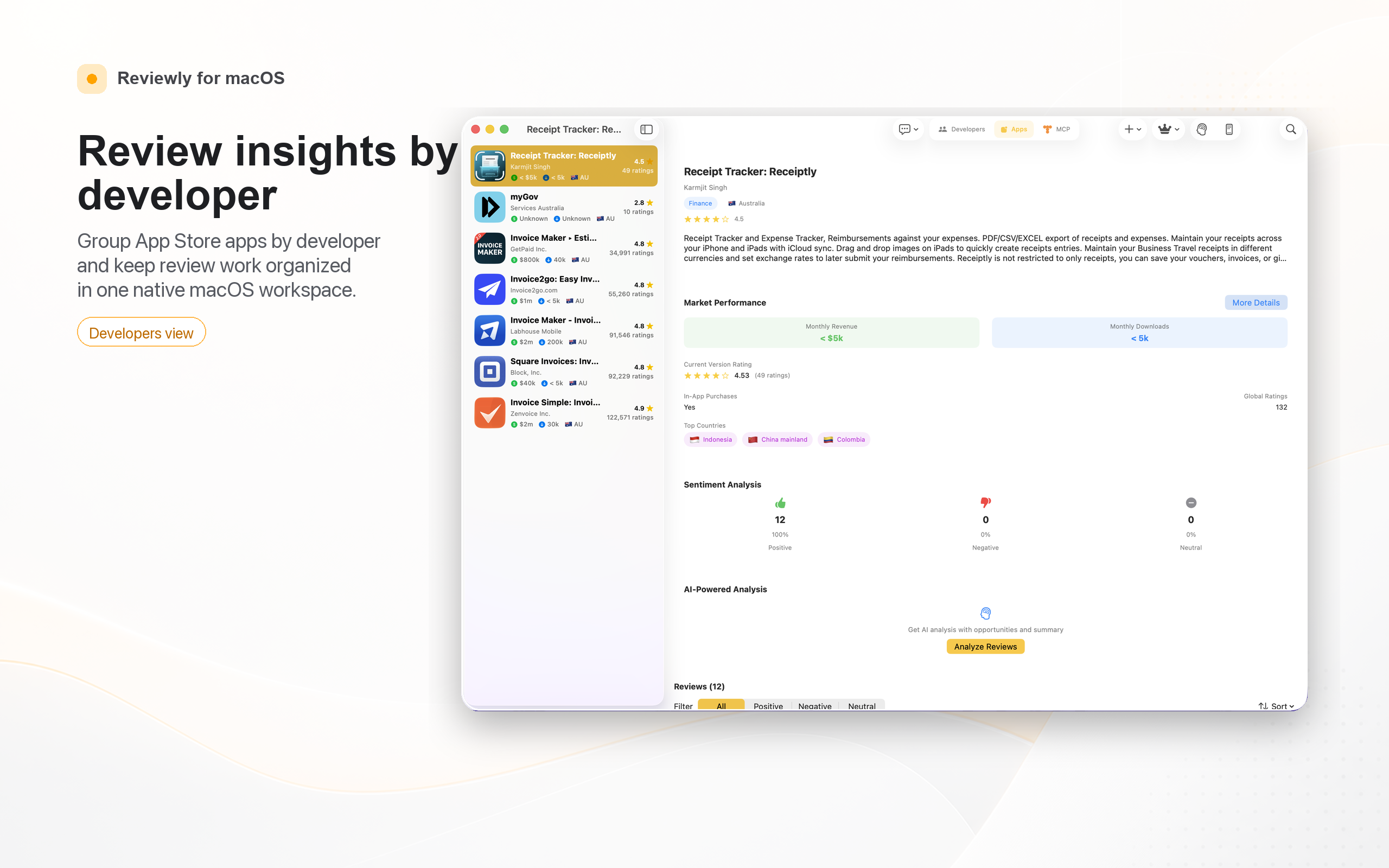 Reviewly macOS dashboard for developers analyzing App Store reviews