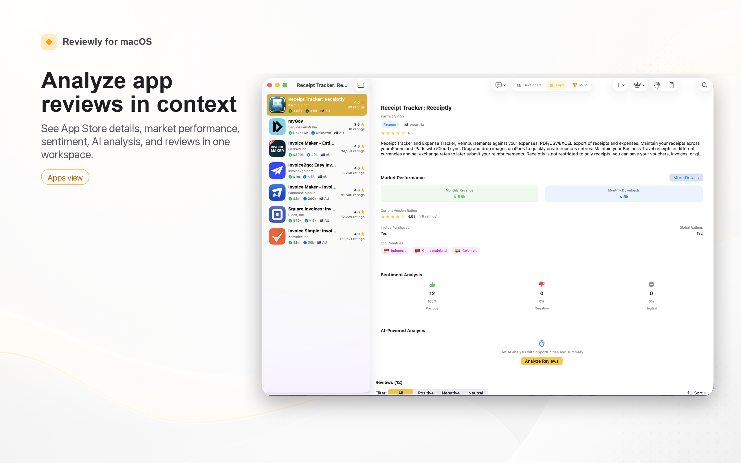 Reviewly macOS app tracking screen for monitored App Store apps