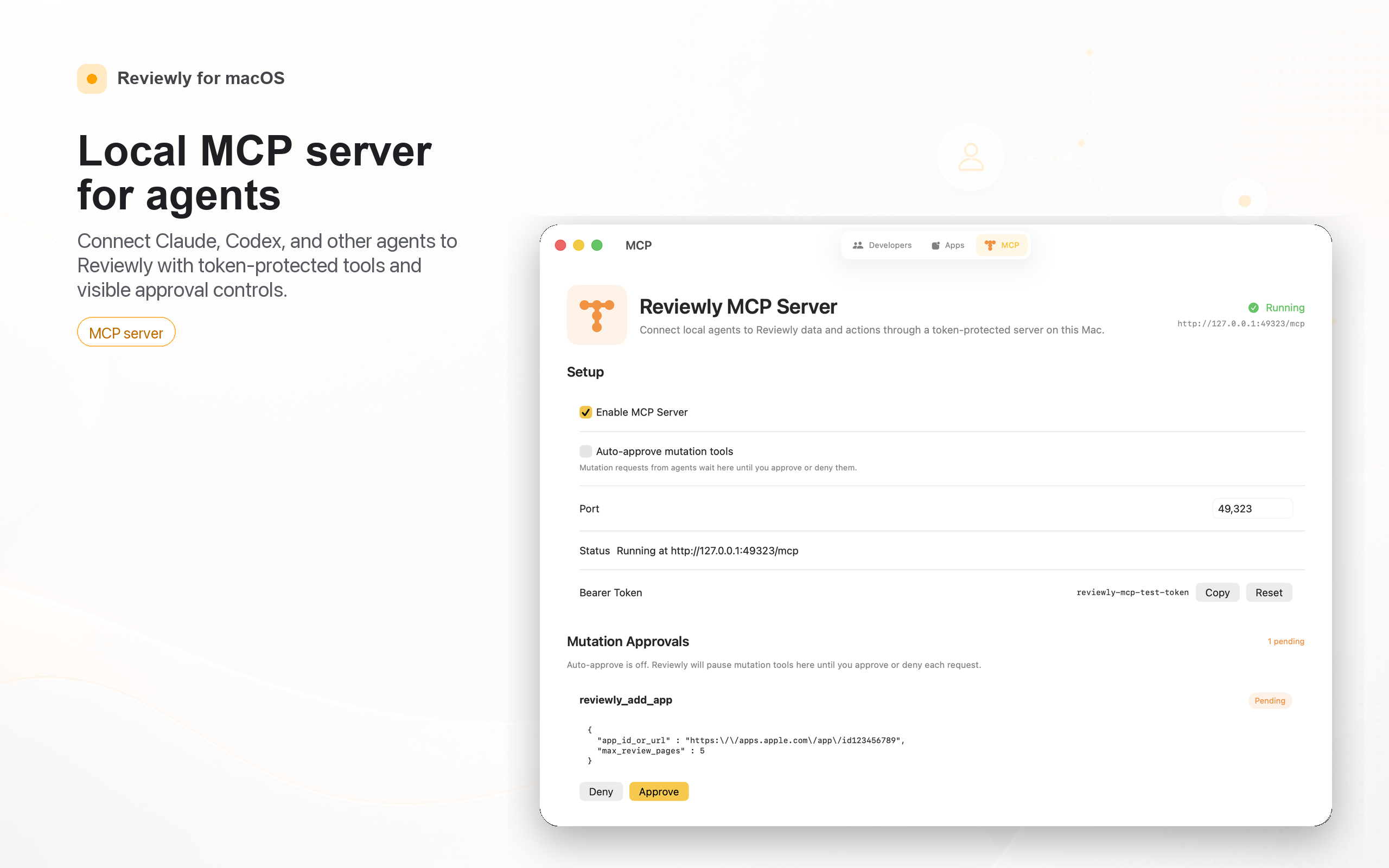Reviewly MCP server showing app review intelligence tools for AI agents